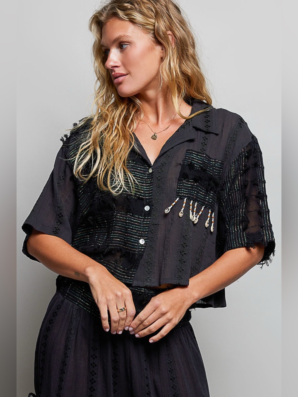 #50 R2-2 POL Black Short-Sleeve Beaded Button-Down Shirt
